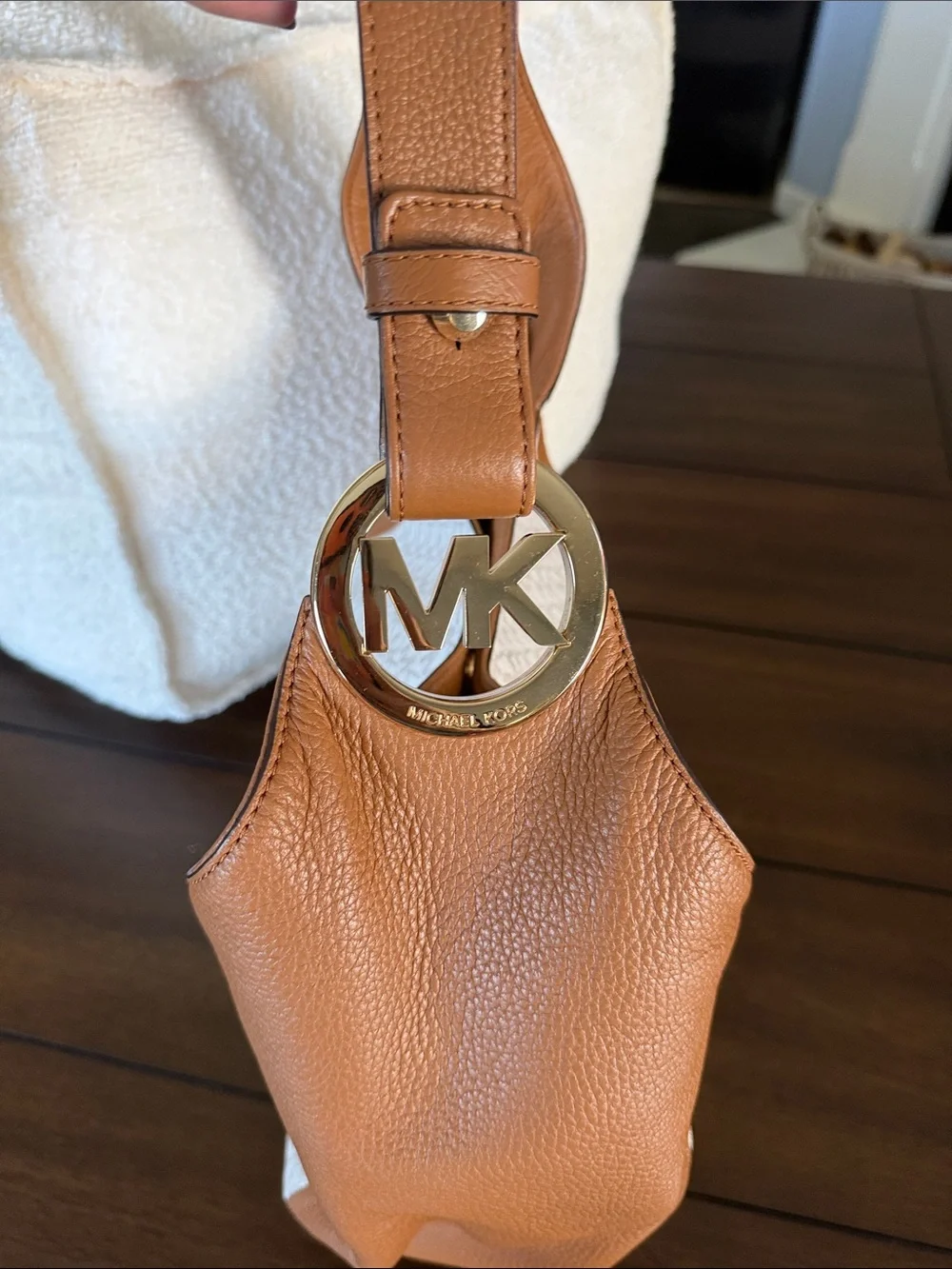 Michael Kors Tan and Ivory MK Logo Hobo Bag with Gold Hardware